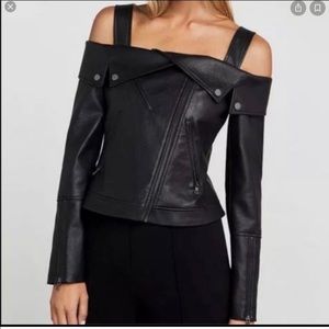 BCBGmaxazria Off the Shoulder Leather Jacket atop